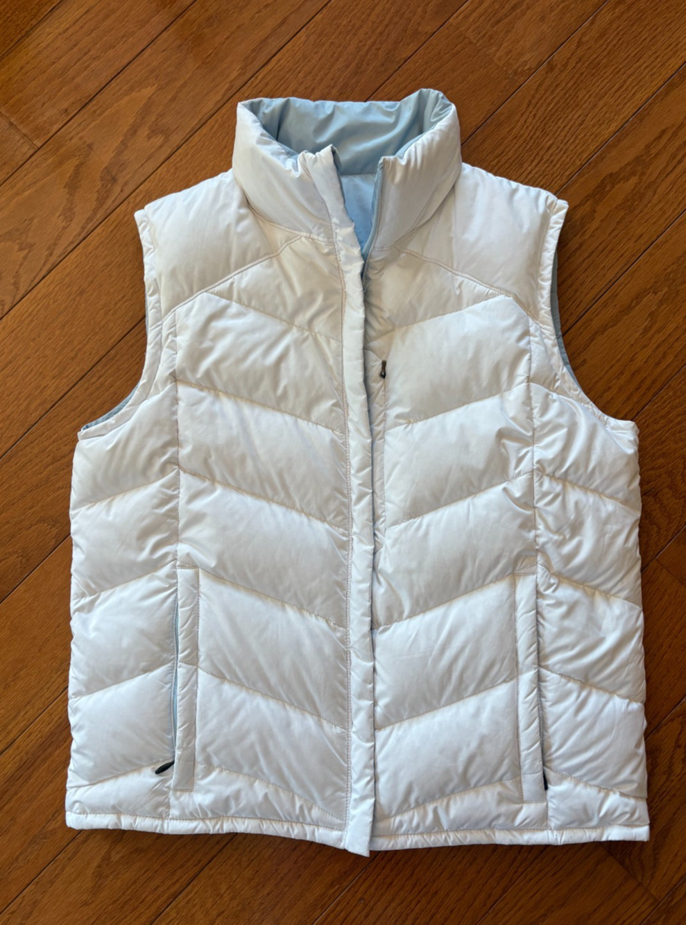 Reversible Columbia Down Puffer Vest Full Zip Women’s LG Light Blue White Pocket